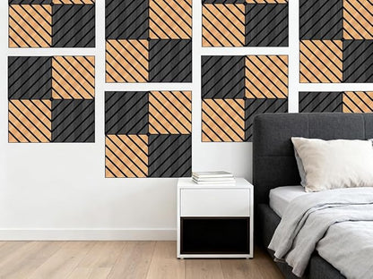 WoveN SounD Artisan Acoustic Wall Panels, 16 Pack 12x12 Inch, Wood Veneer Carved Sound Proof Wall Decor, Self-Adhesive for Home, Studio, Office & Focus Zones, Twill Pattern, Black Oak