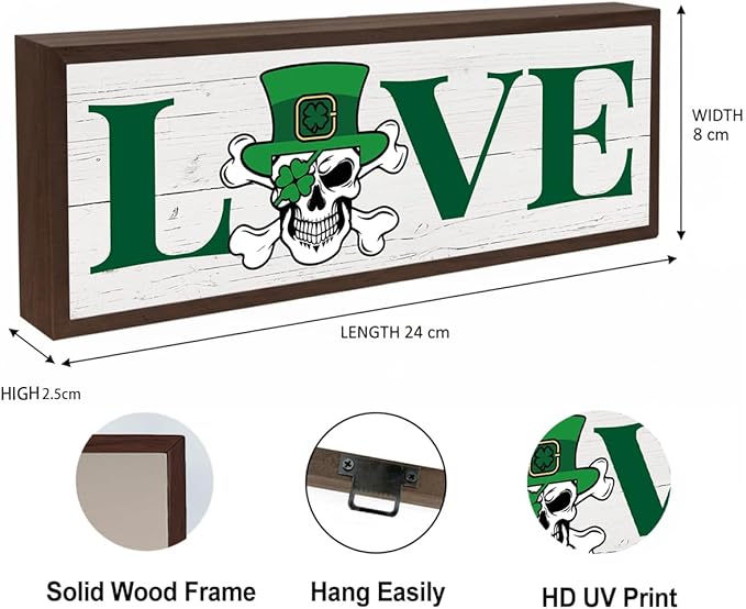 Shamrock Decors, Skeleton Bone Man Decor, Love Wooden Box Signs, Rustic Framed Wooden Box Sign, St. Patrick's Day Themed Decor for Cafe Shop Coffee Bar, 9.5x3.1x1 inches