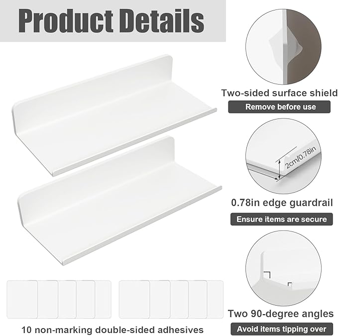 ZILAMGOO White Floating Shelves for Wall, 12 Inch Adhesive Wall Mounted Acrylic Shelves, No Drill Stick On Shelves for Bathroom, Bedroom, Kitchen, Living Room, Office (Set of 2, White)