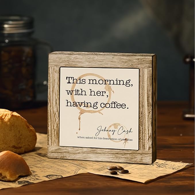 This Morning With Her Having Coffee Wooden Box Sign, Coffee Stains Decor Sign, Rustic Wooden Cafe Table Top Decor, Freestanding Cafe Decoration 5.9X5.9 Inches