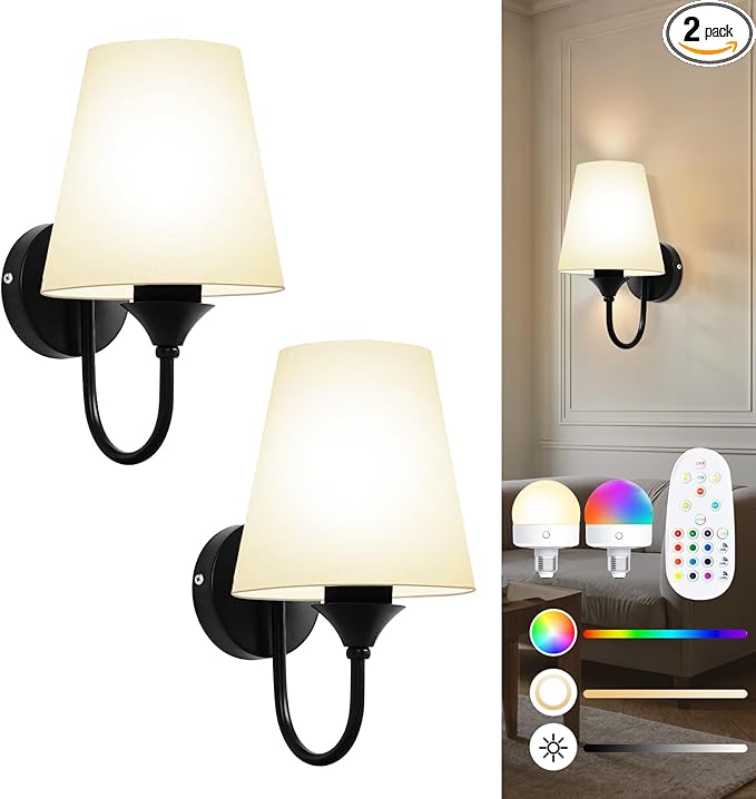 Battery Operated Wall Sconces Set of 2, Black 10000mAh Rechargeable Dimmable LED Bulb, 15 Colors & Remote, with Fabric for Bedroom Living Room Hallway Staircase Decor