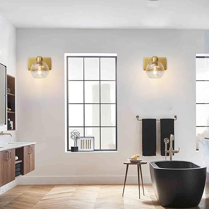 Brushed Brass Bathroom Sconces Set of 2, Gold Wall Sconces Set of Two, Bathroom Vanity Light with Clear Glass Shade, Modern Wall Light Fixtures for Bath Mirror Hallway Bedroom Living Room, Hardwired