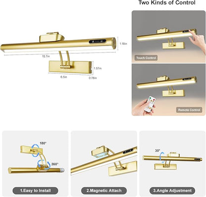 Magnetic Wireless Picture Light Rechargeable Battery Operated with Remote/Touch/Timer, Angle Adjustable 16in Metal Painting Light, 3 Color Dimmable, Art Light for Display, Wall, Gallery, Gold 2Pack