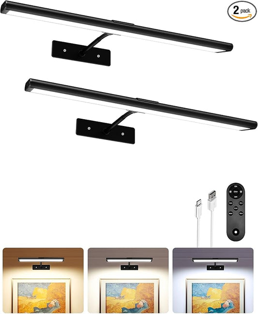 EZVALO Picture Light for Wall, 16'' Black Rechargeable 4800mAh Battery Lights Wireless with IR Remote, Magnetic LED Art Painting Light with 3 Color Temperatures, Display for Gallery, Living Room(2P)