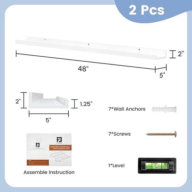 Picture Ledge Shelf, Floating Shelves Set of 2, Solid Ash Wood 48'' Long Large Nursery Book Shelves for Toys Storage, Kids Bookshelf for Living Room Bedroom Decor Books Photo Frames, White