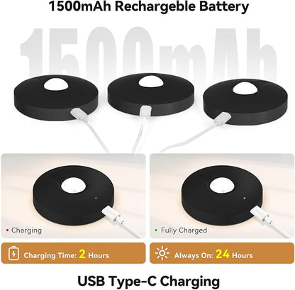 Yiliaw Rechargeable Puck Lights with Remote, 6 Pack Magnetic Under Cabinet Lighting, 1500mAh Battery Operated LED Tap Lights with Dimmer & Timmer for Kitchen, Closet, Shelf - 3 Color Temps, Black