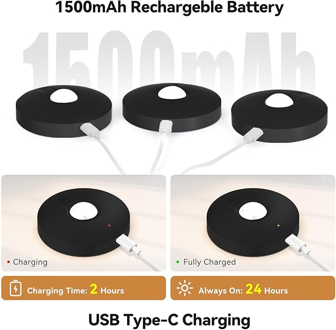 Yiliaw Rechargeable Puck Lights with Remote, 6 Pack Magnetic Under Cabinet Lighting, 1500mAh Battery Operated LED Tap Lights with Dimmer & Timmer for Kitchen, Closet, Shelf - 3 Color Temps, Black