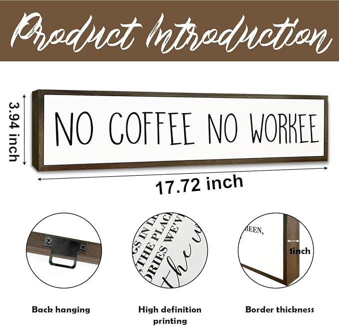 Funny Coffee Signs Decor, Funny Offices Decor, Coffees Work Humor Wood Signs, Home Kitchen Decors for Shelf, Decorative Wooden Table Sign, No Coffee No Workee Sign, 17.8x4x1.2 inches