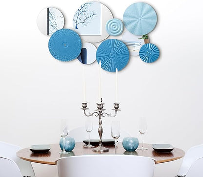 Blulu 9 Pcs Blue Mirror Wall Decor Metal Round Home Art Decor Decorative Modern Circle Mirror Wall Art Sculpture Hanging Decorations for Home Living Room Office