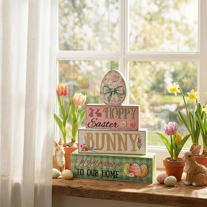 Easter Decorations, 4 Pcs Wooden Easter Table Decorations, Easter Egg Tiered Tray Decor, Vintage Wooden Table Sign for Desk Shelf Mantel Coffee Bar, Indoor Home Decor