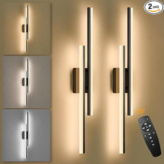 LED Wall Sconce Set of 2 Black Remote Modern LED Vanity Lights Set of 2 Indoor Wall Light Fixtures for Living Room, Dimmable Wall Sconce for Bedside Bedroom Bathroom, 31.5inch 2 Pack