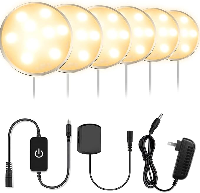 YGS-Tech LED Under Cabinet Lighting Kit, 1020 Lumens LED Puck Light, 3000K Warm White, CRI90+, Touch Dimming, Silver Trim All Accessories Included, for Kitchen, Closet Lights, Safe Light, 6-Pack