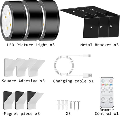 Wireless Magnetic Picture Lights LED Mural Light Rechargeable Battery-Powered Wall Frame Lights with 3 Lighting Modes, Remote Control, and Timer 6Pack Gold