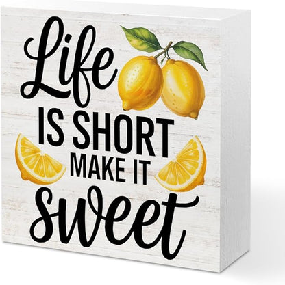 Inspirational Quote Life is Short Make it Sweet Wood Box Sign, Rustic Lemon Print Accessories Wood Plaque, Woods Table Decorative Signs for Office Home Tabletop Shelf, Farmhouse Gifts for Women Family