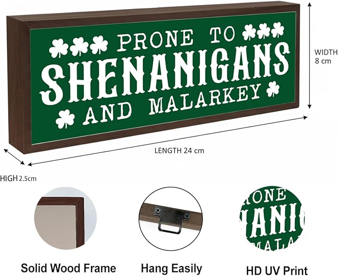 St Patricks Day Decor Signs, Lucky Clover Home Decors, St. Patrick's Day Themed Decor for Cafe Shop Coffee Bar, Desk Decors Art, Prone to Be Shenanigans and Malarkey Sign, 9.5x3.1x1 inches