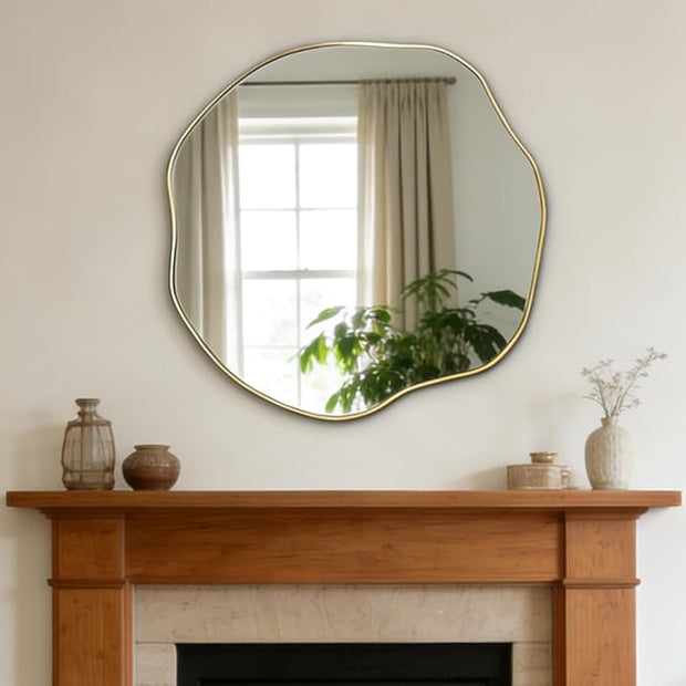 POZINO Gold Irregular Mirror, 30" Scalloped Rounded Mirrors, Asymmetrical Frameless Mirror, Modern Abstract Wall Mirrors for Living Room Bedroom Bathroom Entryway Hallway Fireplace