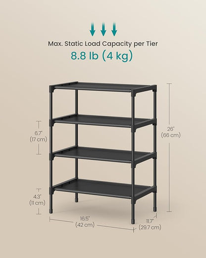 SONGMICS Shoe Rack, 4-Tier Shoe Storage Organizer, Space-Saving, 11.7 x 16.5 x 26 Inches, Entryway, Metal Frame, Non-Woven Fabric Shelves, Ink Black ULSH014BH01