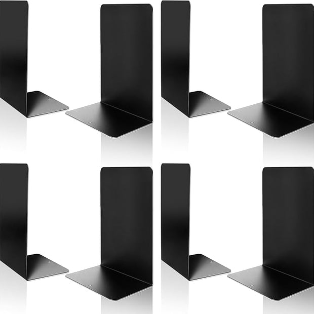 VONDERSO Metal Bookends, 4 Pairs Black Metal Book Ends Heavy Duty for Shelves Decor Home Office, Unique Black Bookends Supports Anti-Slip for Kids