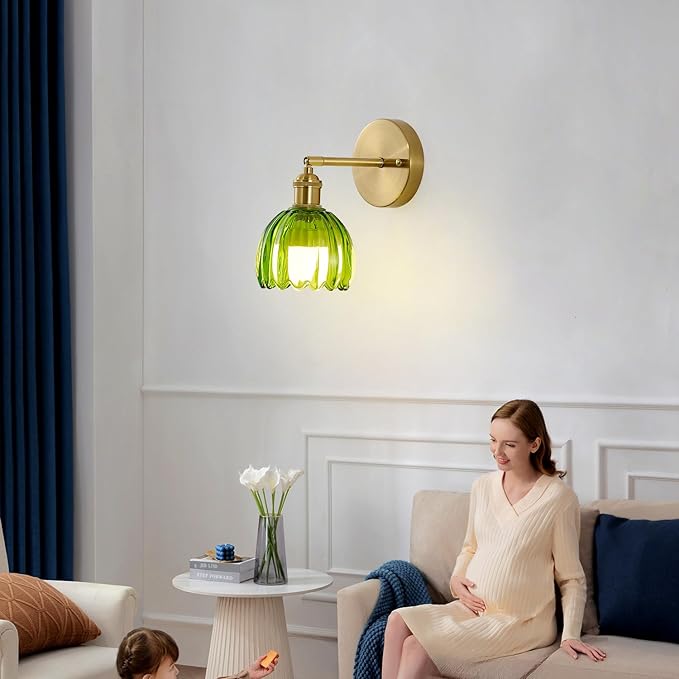 Vintage Battery Operated Wall Sconces with Remote, 180 Degree Adjustable, Modern Battery Powered Wall Lighting Fixture with Green Tulip Glass Lampshade for Bedroom Bedside Bathroom