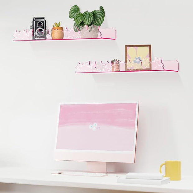 Floating Shelves for Wall,4 Pack 15.7’’x 3.5’’Adhesive Acrylic Shelves Organizer for Book Toy Photo Makeup,Wall-Mounted Kids Storage for Bathroom,Bedroom,Nursery,Pink Star and Moon