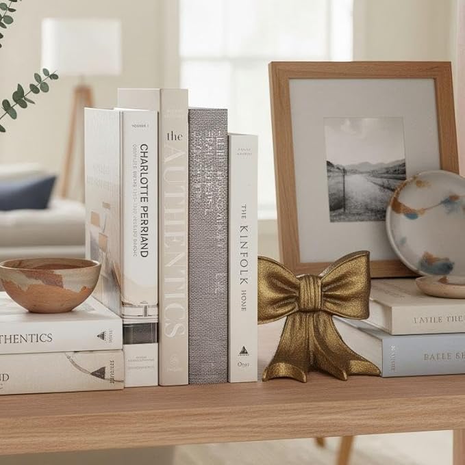 Gold Bow Metal Bookends Set of 2 Heavy Duty Cast Iron Book Ends for Heavy Books Unique Modern Decorative Book Holders for Shelves Home Accent Decor