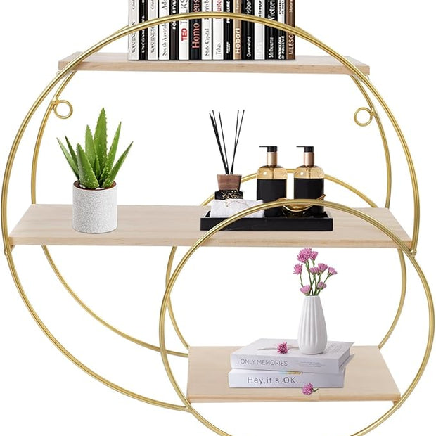 Floating Shelves Wall Mounted, 3-Tier Storage Display Rack Storage Display Rack Metal Wall Mount Display Organizer Holder for Home Decor,Gold (1, Round)