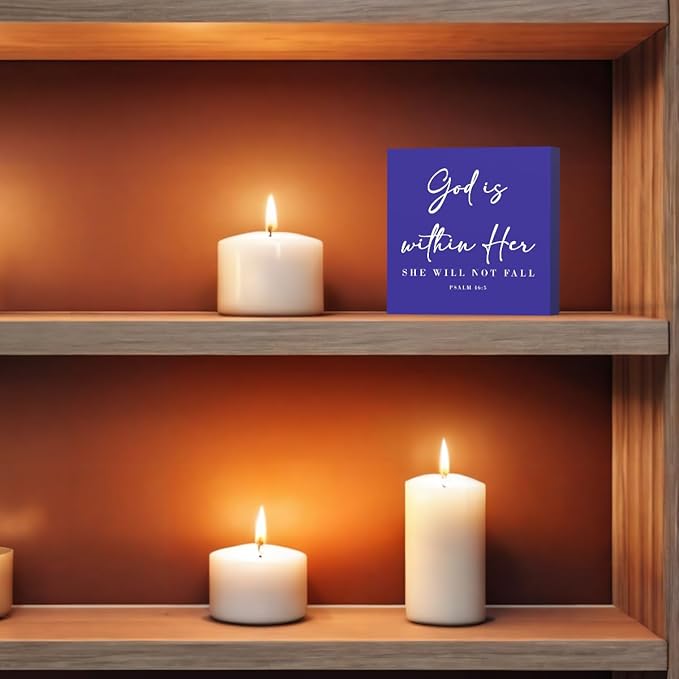 God Is Within Her Bible Verse Artwork Blue Wood Box Sign Rustic Farmhouse Style Psalm 46 : 5 Christian Wood Block Plaque 5 X 5 Inches Home Office Desk Sign Decor for Presents