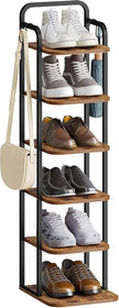 6 Tiers Vertical Shoe Rack, Narrow Shoe Tower, Tall Shoes Shelf with 2 Hooks, Adjustable Shelves, Corner Shoes Shelves for Small Spaces, Entryway, Living Room, Rustic Brown SR04201B