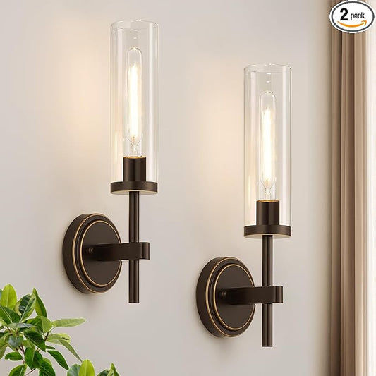 Wall Sconces Set of Two, Brown and Gold Bathroom Sconces with Clear Glass, Hardwired Sconces Wall Decor Set of 2, Modern Wall Light Fixtures for Bathroom Mirror Living Room Bedroom Hallway
