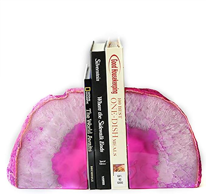JIC Gem Pink Dyed Agate Bookends Geode Book Ends Stone Bookends for Shelves to Hold Books Heavy Duty with Rubber Bumpers for Decoration Brazilian(1 Pair, 3-4 LBS)