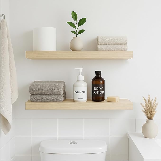 INHABIT UNION White Oak Floating Shelves for Wall, 24 in Wall Mounted Shelves Perfect for Bedroom, Bathroom, Living Room and Kitchen Decoration Storage（Set of 2）