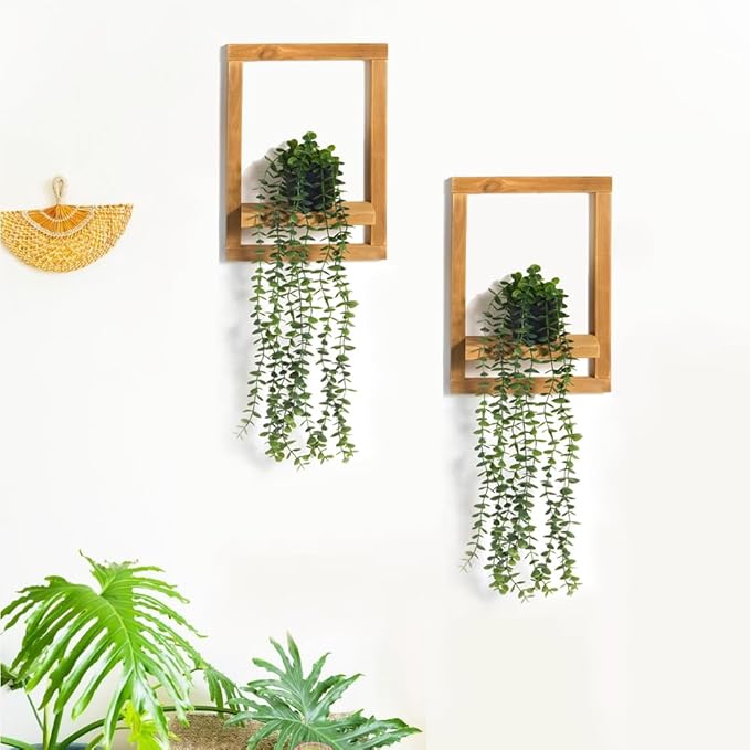 2 Pack Wooden Shelves with Fake Hanging Plants for Wall Decor, Modern Farmhouse Wood Wall Art for Living Room, Bathroom (Light Brown)