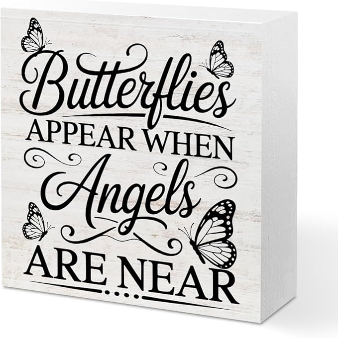 Rustic Religious Sympathy Quote Wood Box Sign Butterflies Appear When Angels are Near Wooden Box Sign Home Desk Shelf Decor Christmas Birthday Gifts for Women Friends Family