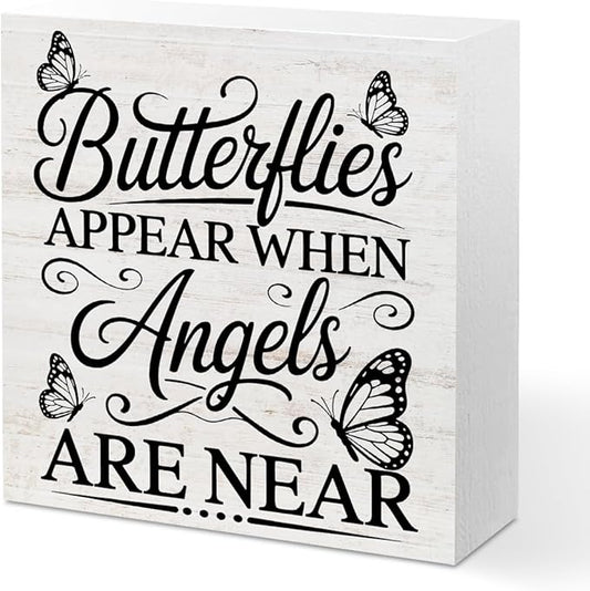 Rustic Religious Sympathy Quote Wood Box Sign Butterflies Appear When Angels are Near Wooden Box Sign Home Desk Shelf Decor Christmas Birthday Gifts for Women Friends Family