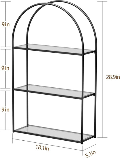 Crofy Black Arched Frame Wall Shelf, Decorative 3 Tier Bathroom Wall Shelf with Transparent Tempered Glass Shelves and Robust Storage Capacity, 5.1" D x 18.1" W x 28.9" H