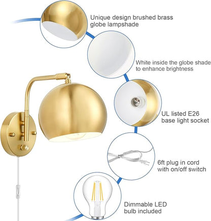 Wall Sconces Plug in, Dimmable Wall Sconce Swing Arm Wall Lights with Plug in Cord and Dimmer On/Off Knob Switch, Brushed Brass Globe Wall Light for Bedroom Bedside Hallway(2 Bulbs Included)