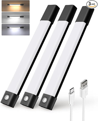 EZVALO Under Cabinet Lighting, Wireless Closet Lights, 50 LED Rechargeable Motion Sensor Light, Dimmable, 3 Color Temperatures, 11.8 in Counter Lights for Kitchen, Pantry, Wardrobe (3 Pcs, Black)