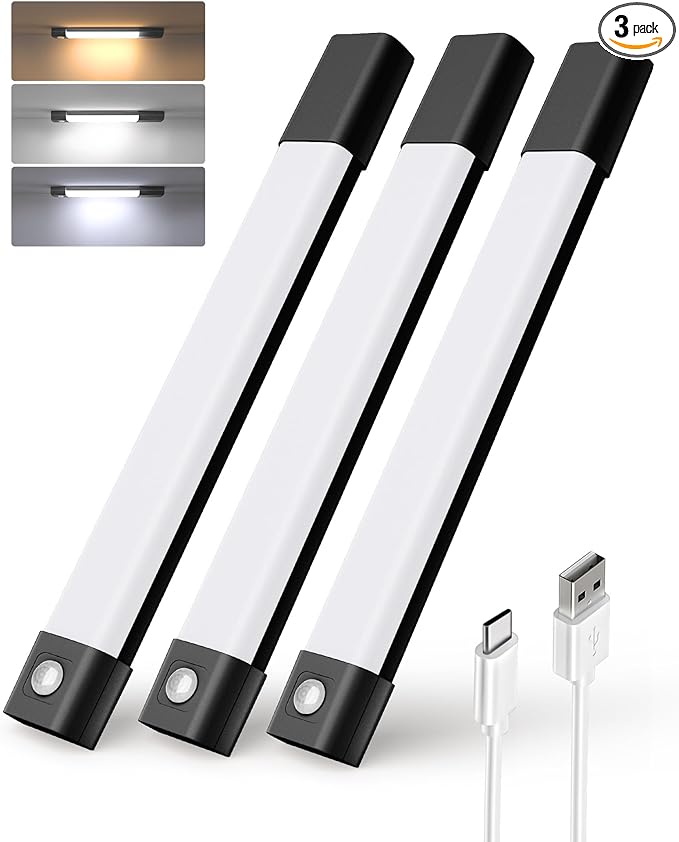 EZVALO Under Cabinet Lighting, Wireless Closet Lights, 50 LED Rechargeable Motion Sensor Light, Dimmable, 3 Color Temperatures, 11.8 in Counter Lights for Kitchen, Pantry, Wardrobe (3 Pcs, Black)