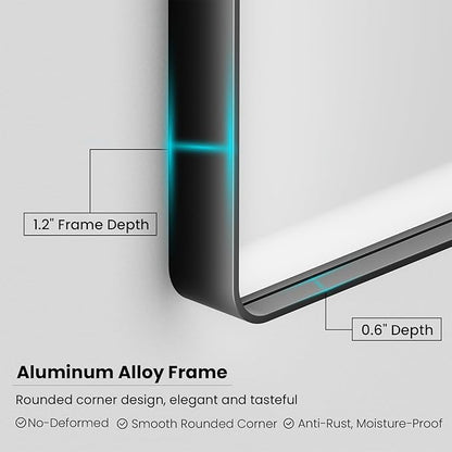 Black Bathroom Mirror 40X36 Inch, Black Metal Framed Mirror for Wall, Rounded Rectangle Matte Bathroom Vanity Mirror with Tempered Glass, Anti-Rust, Horizontal/Vertical