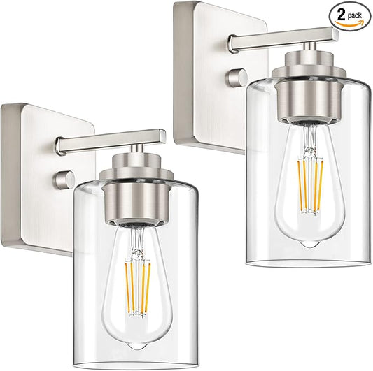 Set of 2 Wall Sconces for Bathroom, Brushed Nickel Vanity Light Fixtures, Modern Wall Mount Lighting Lanterns, Farmhouse Wall Lamps with Clear Glass Shade for Bedroom Living Room Mirror Hallway Porch