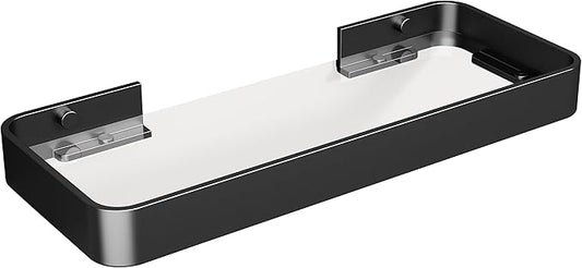 Danpoo 12-Inch Wall Shelf, Clear Tempered Glass with Matte Black Aluminum Frame – Versatile Floating Bathroom Organizer