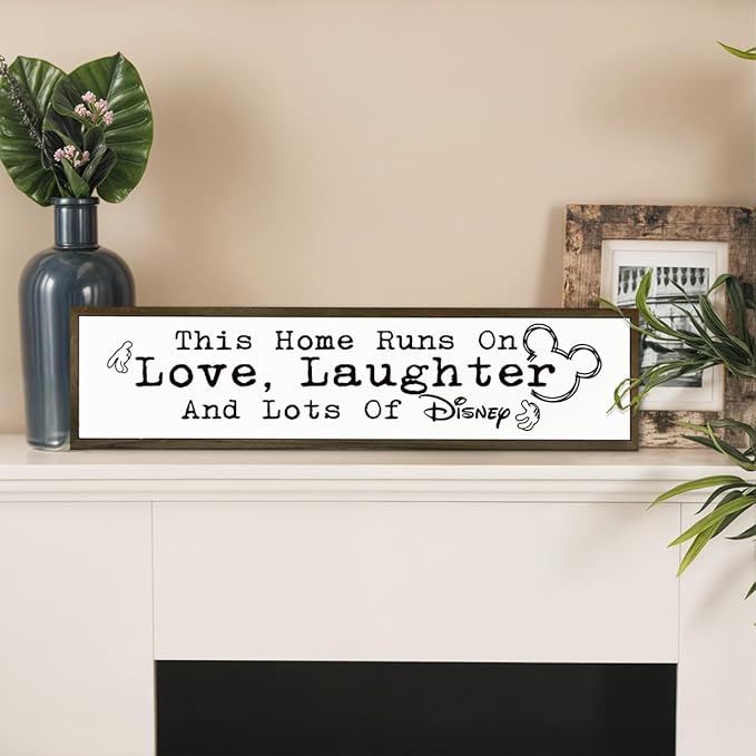WKYAER Home Sign Decor, Rustic Table Decor, Farmhouse Wall Decoration for Homes Front Door Porch Entryway, Housewarming Gift for Disney Lover, This Home Runs On Love, Laughter and Lots of Disney Sign