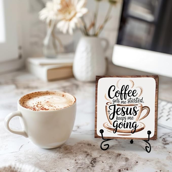 Coffee Gets Me Started Jesus Keeps Me Going - 5'' Rustic Cafe Wooden Sign With Metal Stand - Religion Wooden Plaque Tabletop Decor Gifts For Coffee Lover Christians - Home Kitchen Decor & Supplies-B05