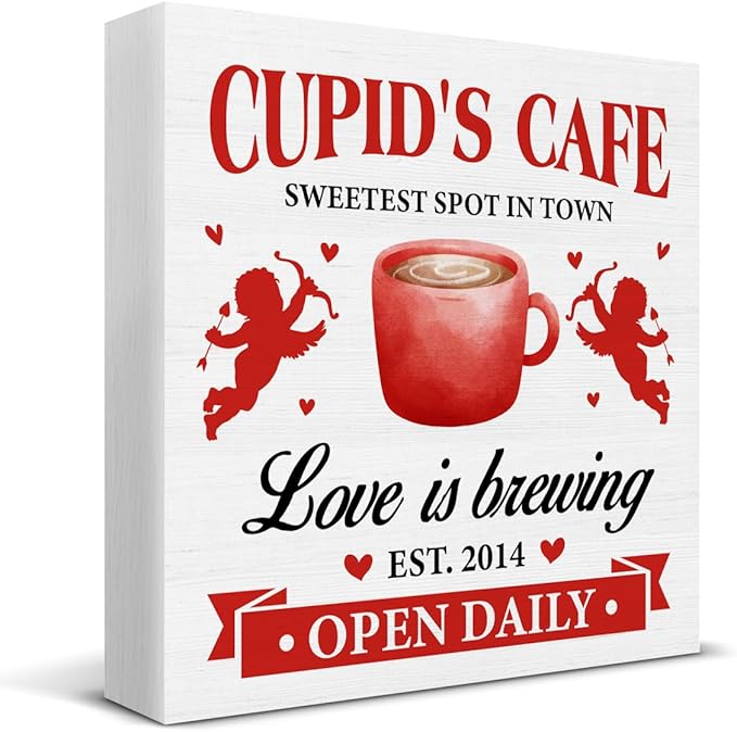Valentines Day Gifts - Valentines Day Decor - Valentines Day Decorations for Home - Romantic Cupid's Cafe Love Is Brewing Wooden Sign Home Coffee Bar Kitchen Table Desk Shelf Decor 5×5 Inches