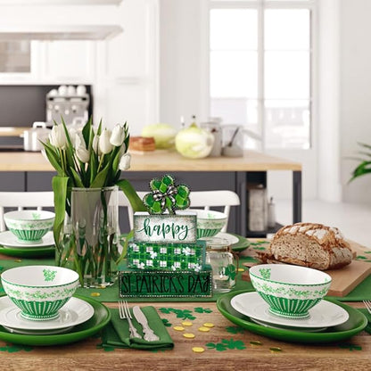 DIYDEC 4Pcs St.Patrick's Day Table Decoration Shamrocks Wooden Block Signs Rustic St. Patrick Tiered Tray Decor Happy St.Patrick's Day Centerpiece Sign for Farmhouse Holiday Tabletop Home Party Decor