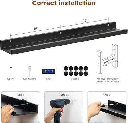 Heimlove 36 Inch Picture Ledge Shelf with Lip,Black Floating Shelves for Wall Set of 3,Long Wall Shelves in Varying Depths for Living Room,Bedroom,Nursery,Bookshelf