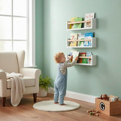 AZSKY 16 Inch Nursery Floating Shelves Set of 3, White Wood Kids Wall Bookshelves & Book Organizer Ledge for Baby Room Decor, Display Toys, Picture Frames