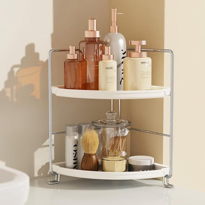 2-Tier Corner Bathroom Countertop Organizer, Tiny Counter Corner Shelf Skincare Makeup Perfume Organizer and Organization for Kitchen (White)