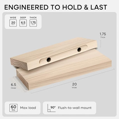 Homeforia 20 inch Wood Floating Shelves, High End Solid Natural Wood 20inch Floating Shelf for Wall Mounted, Unfinished Wooden 20in Floating Shelves, Heavy Duty Bracket, 20 X 6.5 X 1.75 inch, Set of 3