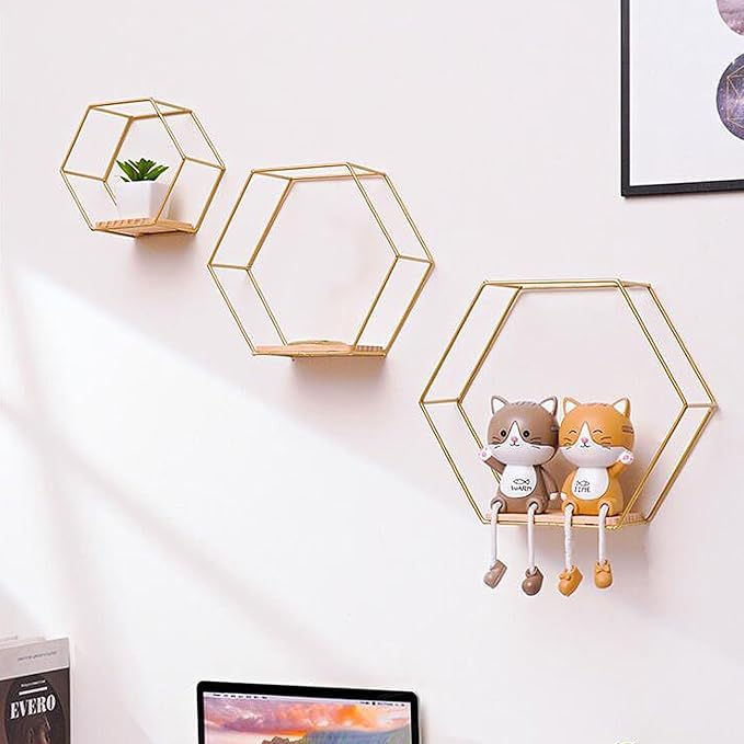 Hexagon Floating Shelves, Wall Mounted Decorative Geometric Shelf for Wall Decor, Different Sizes Modern Metal Framed Gold Shelf, for Living Room, Bedroom, Kitchen, Office, Set of 3 Size